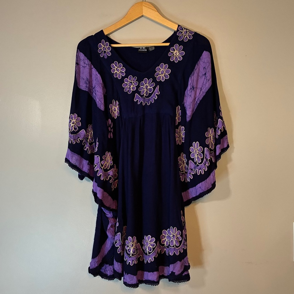 S.R. Fashion Navy Purple Batik Floral Embroidered Kaftan Tunic Top Free Size